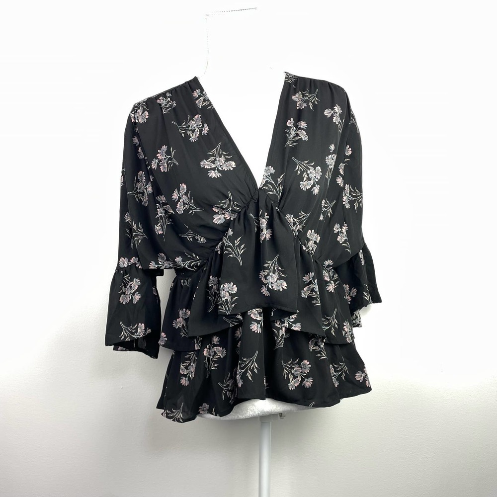 NEW RO+DE Black Blush Pink Floral Ruffle Ruched Blouse Size XS